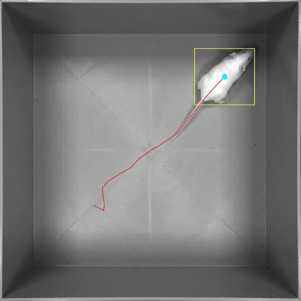 Illustration of animal detection and trajectory tracking in an open-field arena